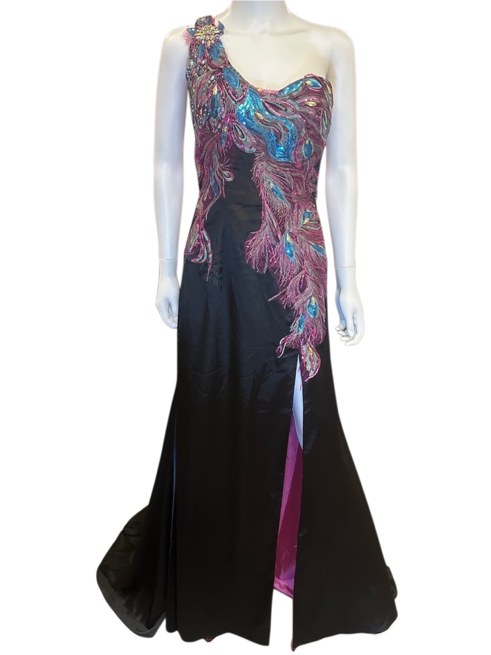 Blush Prom Black Satin One-Shoulder Embellished Peakcock Gown